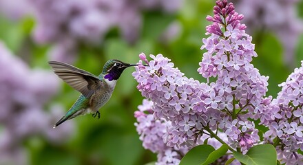 Obraz premium Hummingbird feeding on purple flowers