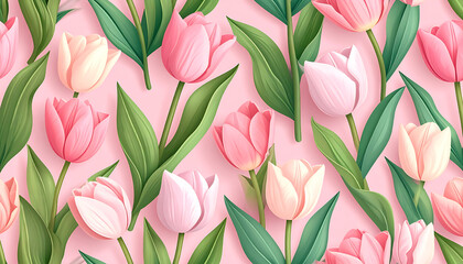 Obraz premium Seamless pattern of light pink and cream tulips with green leaves on a soft pink background, detailed texture, spring floral design