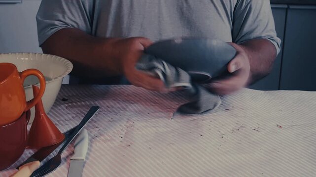 Male hands drying a spoon with a dishcloth.