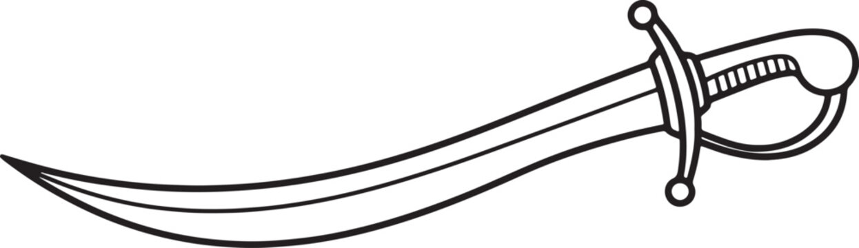 Black and white outline of a curved sword with a protective hilt, isolated on a white background, also transparent background