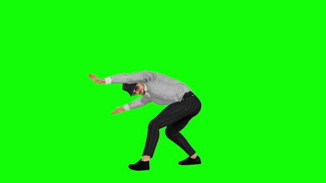 dancer bends low in a dynamic pose on green screen, isolated for chroma key compositing in music, entertainment, advertising, and video production. Ready for stock video editing.