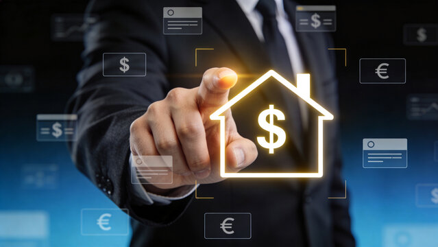 Digital Banking and Online Payment Concept with House Icon and Currency Symbols on Virtual Interface