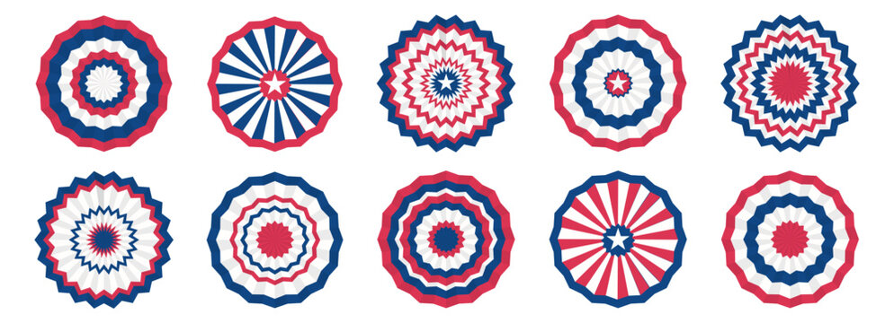 Paper fans and stars in American colors. Circle bunting garlands in red, white, and blue.patriotic decoration. July 4, independence day. for design poster, brochure, banner, website.