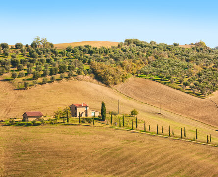 View of an old farm in the Tuscan countryside in late autumn, Italy.
