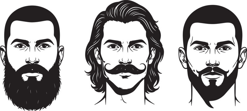 Three black and white line portraits of men's faces showcasing diverse hairstyles and facial hair styles, including a full beard, mustache, and goatee also transparent background