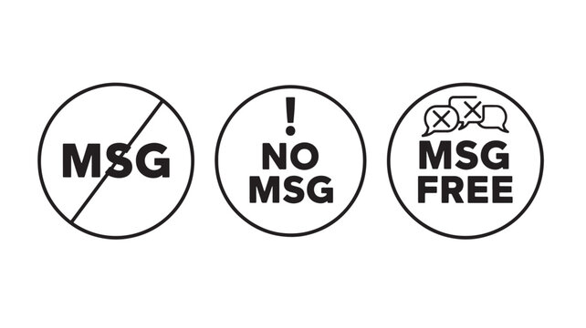 Signs MSG set with no monosodium glutamate warning labels and icons featuring food additive, flavor enhancer, food safety with health risk and black