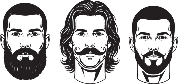 Three black and white portraits of men with distinct hairstyles and facial hair styles, including a full beard, mustache, and long wavy hair also transparent background