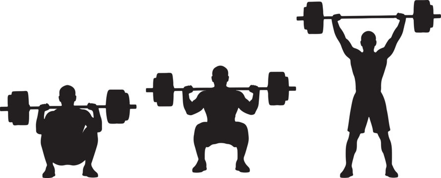 Three black silhouettes of men performing weightlifting exercises, including squats and overhead press, on a white background, also transparent background