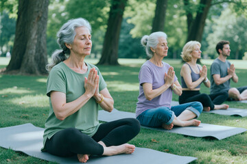 Naklejka premium Caucasian senior women and adults practicing yoga meditation in park, sitting on mats with hands in prayer pose, supporting mindfulness and wellness campaigns or retreat promotion