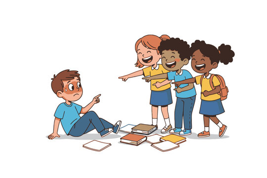 Children Bullying and Laughing at Classmate on Floor with Books