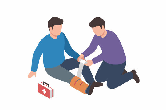 First aid emergency help for person with leg injury