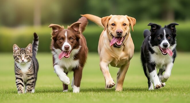 Happy pets running together in a grassy field
