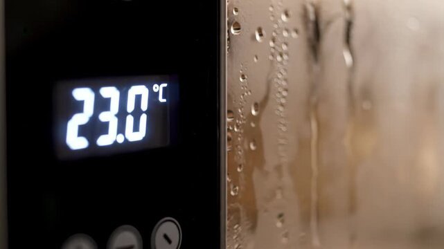 Digital display showing 22.5 degrees Celsius with condensation on glass indicating temperature monitoring and technology in a close-up shot