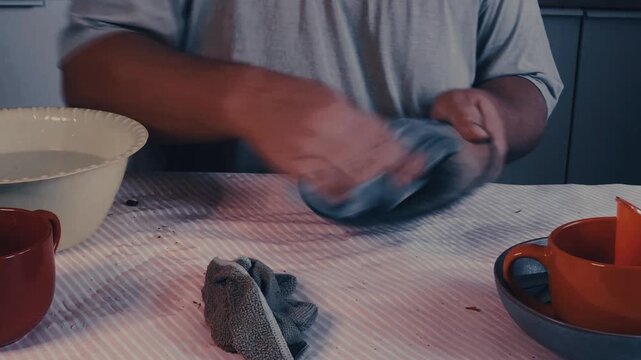 Male hands drying a spoon with a dishcloth and placing it on a metal rack in the kitchen.