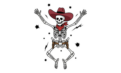 Obraz premium Cowboy skeleton jumping with red hat and bandana illustration