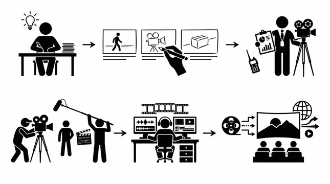 A structured icon set illustrating the complete filmmaking journey, from scriptwriting and storyboarding to shooting, editing, and final distribution, represented through simplified vector silhouettes