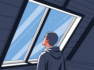 A man gazes at a starry night through a large window, embodying a peaceful, mindful evening. Cozy and serene. © Vector Factory