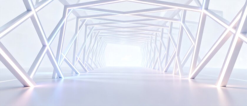 Futuristic White Geometric Tunnel with Neon Lights