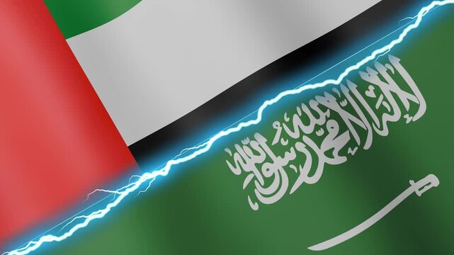 Two waving flags United Arab Emirates and Saudi Arabia with diagonal lightning seamless, 4k loop