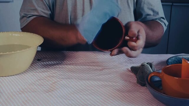 Male hands drying a spoon with a dishcloth and placing it on a metal rack in the kitchen.