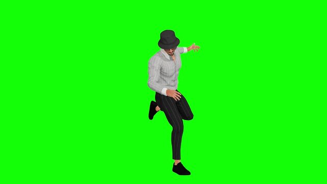 dancer lifts one knee while dancing on green screen, isolated for chroma key compositing in music, entertainment, advertising, and video production. Suitable for digital content.