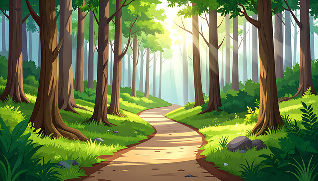 Pixel art path through a sunlit forest, dappled light filtering through trees, serene nature scene, perfect for game assets or digital art