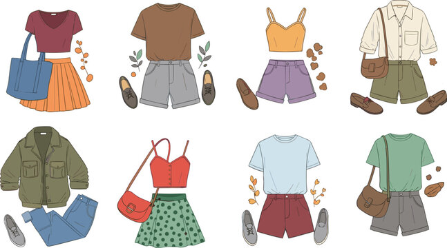 Casual outfit fashion illustration, colorful clothing combinations, trendy wardrobe design, stylish apparel modern lifestyle fashion collection, flat vector illustration