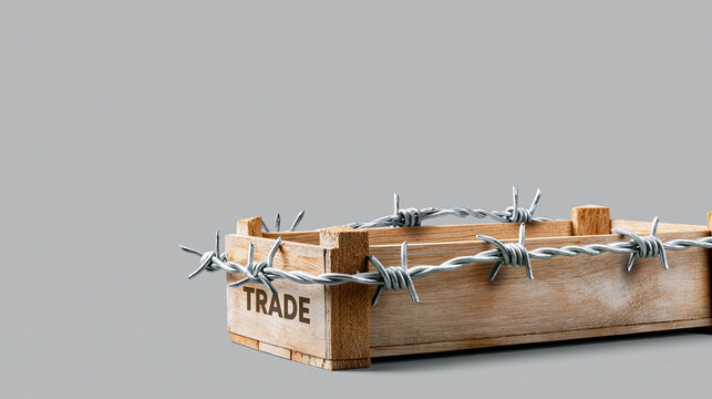 Barbed wire wrapped around wooden crate labeled trade showing tense restricted embargo and strict commerce restriction barrier