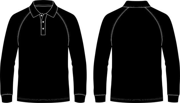 Black Long Sleeve Polo Shirt Mockup - Front and Back Views with Raglan Sleeves - Blank Apparel Vector Template