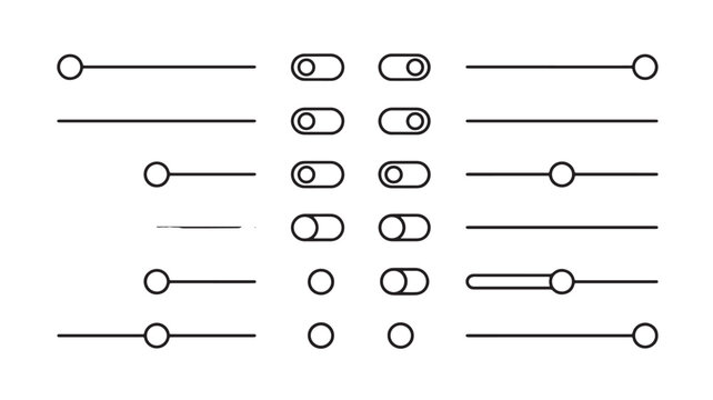 Toggle switches set with black lines and circles, on-off buttons collection featuring line art, vector graphics, switch icons with line style and