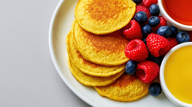 Inviting overhead view of breakfast scene featuring fresh pancake stack with red raspberry, blue blueberry, and sweet berry on plate
