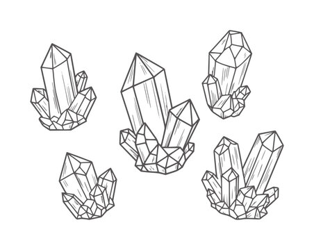 Five clusters of hand drawn quartz crystals in dark grey outline mineral geode