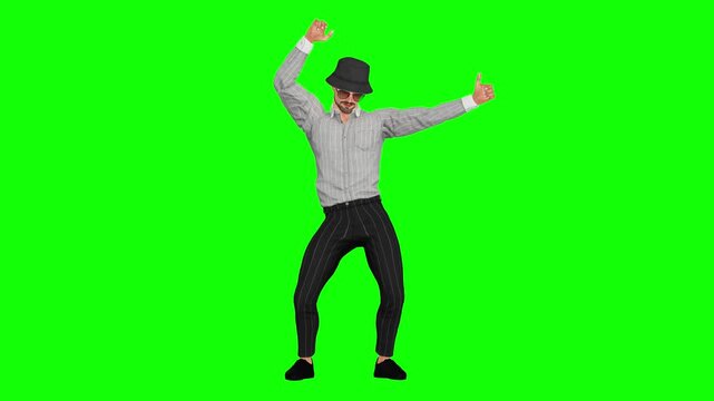 dancer raises both arms in a pose on green screen, isolated for chroma key compositing in music, entertainment, advertising, and video production. Useful for visual storytelling.