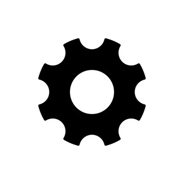 A minimalist black gear icon symbolizing mechanical processes, settings, configuration, and operational functionality on a clean white background.