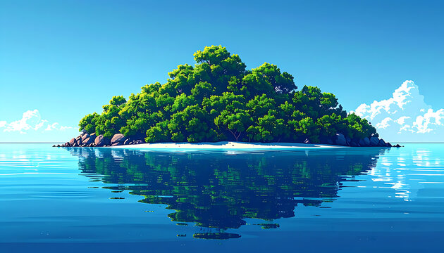 Pixel art tropical island with lush green trees and sandy beach surrounded by calm blue ocean, reflection on water surface, clear sky