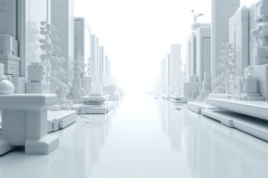 Futuristic White Cityscape with Minimalist Architecture and Reflective Surface