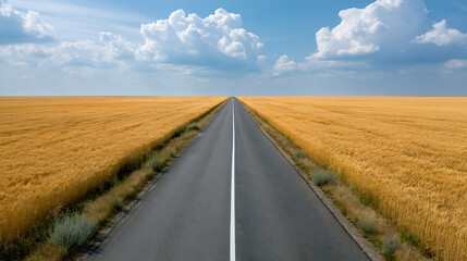 Fototapeta premium Peaceful drone view of long straight asphalt road cutting through golden field under blue sky, offering an inspiring open landscape