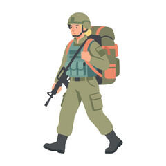 Naklejka premium Soldier in Uniform, a Member of the Armed Forces, Carries a Backpack and Rifle