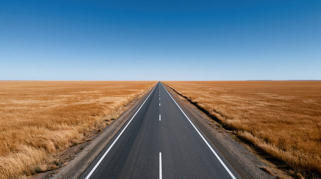 Peaceful drone perspective capturing long straight road cutting through vast golden field leading toward endless horizon under bright blue sky