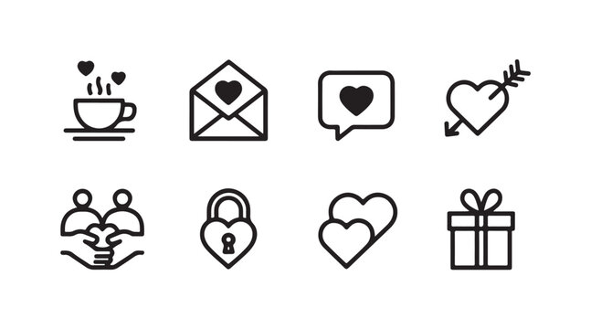 Valentine love theme icons set featuring heart shapes gift boxes keys coffee and couples.