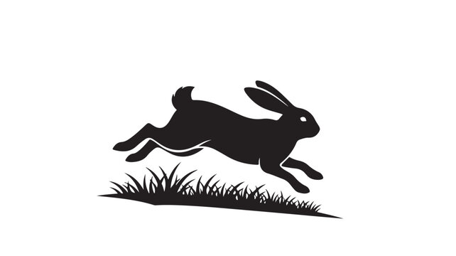 Minimalist black rabbit silhouette jumping over grass, wild hare leaping in nature, fast running bunny vector icon for hunting or wildlife logo