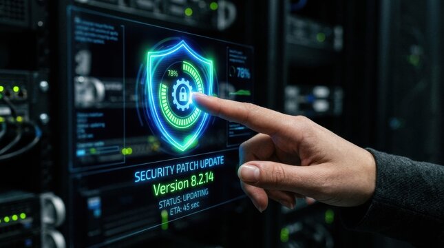 User interacts with a holographic cybersecurity shield showing a security patch update in a data center with servers in the background.