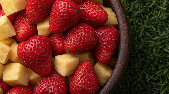 Refreshing overhead view showing fresh strawberry and pineapple fruit inside wooden bowl during inviting rustic picnic setup on green grass