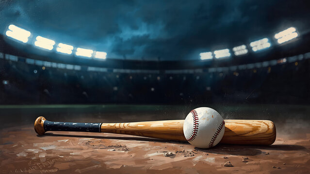 A baseball and bat lie on stadium ground