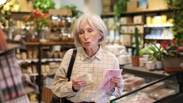 Mature woman with gray hair in an eco supermarket chooses a package of cheese and bacon. Senior woman buys groceries from organic store. High quality 4k footage
