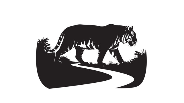 Vintage tiger silhouette vector, majestic wild cat walking through grass, black and white jungle predator illustration, feline wildlife logo element