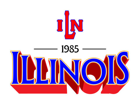 Vintage-style 3D Illinois state typography with "1985" date and varsity-inspired "ILN" monogram logo in classic blue and red colors on a white background.