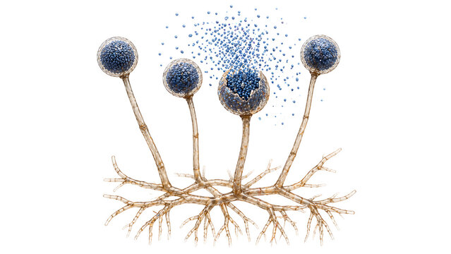 Stylized botanical illustration of blue round flowers with roots and floating seeds on white