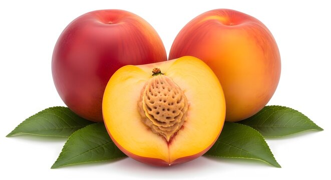 Ripe sapodilla fruits with green leaves on a white background