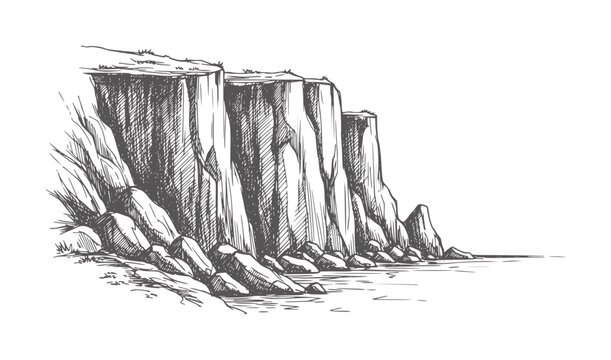 Of towering cliffs meeting the sea with rocky shore coast